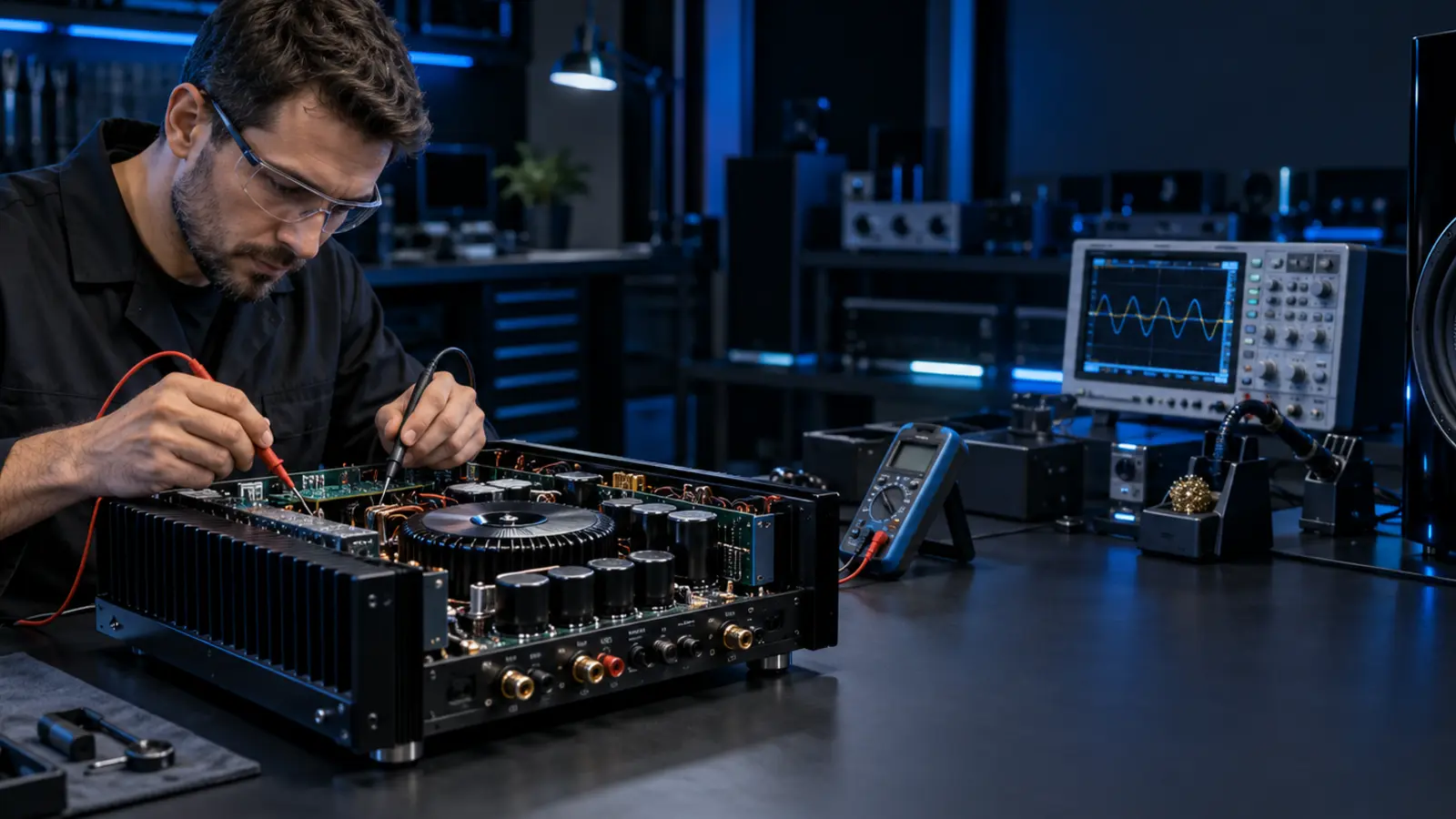 Técnico realizando medições em um amplificador profissional